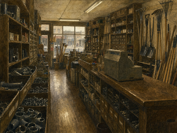 Watercolor painting of an antique shop interior with stacked furniture and afternoon light