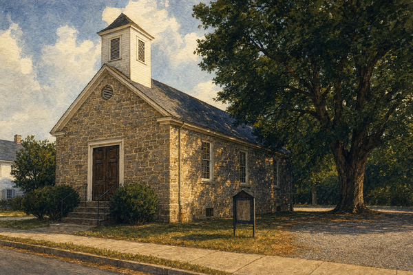 Watercolor painting of a small white country church in summer morning light