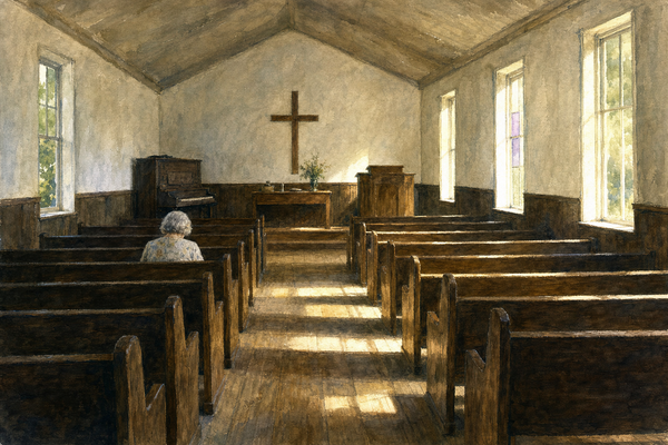 Watercolor painting of a kitchen table with reading glasses and a well-worn Bible in warm light