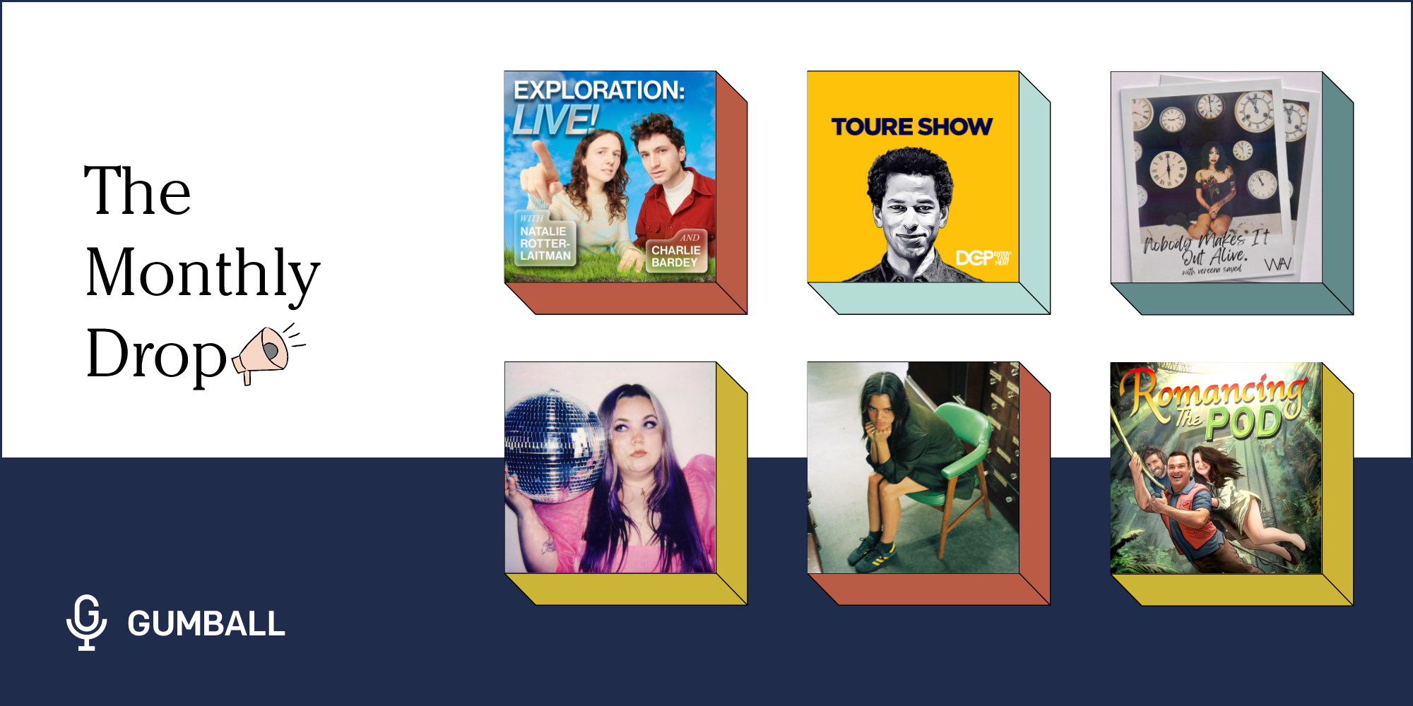 Collage of key art from six podcasts