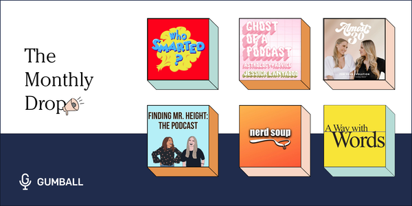 collage of key art from six podcasts who smarted ghost of a podcast almost 30 finding mr height nerd soup a way with words