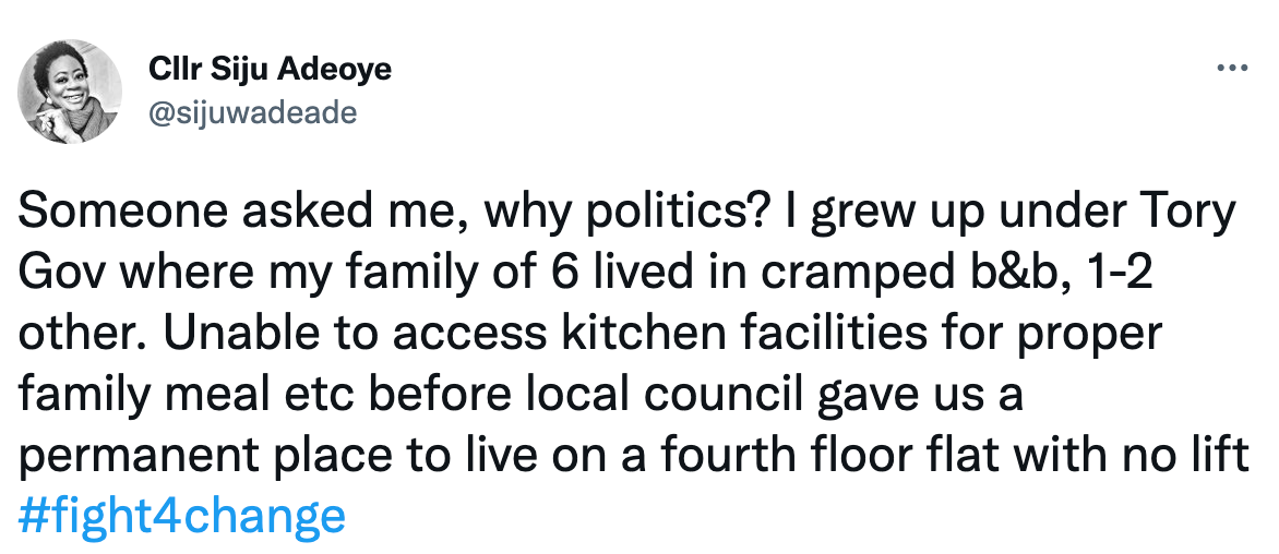 A tweet from Cllr Adeoye before she joined the Conservatives.
