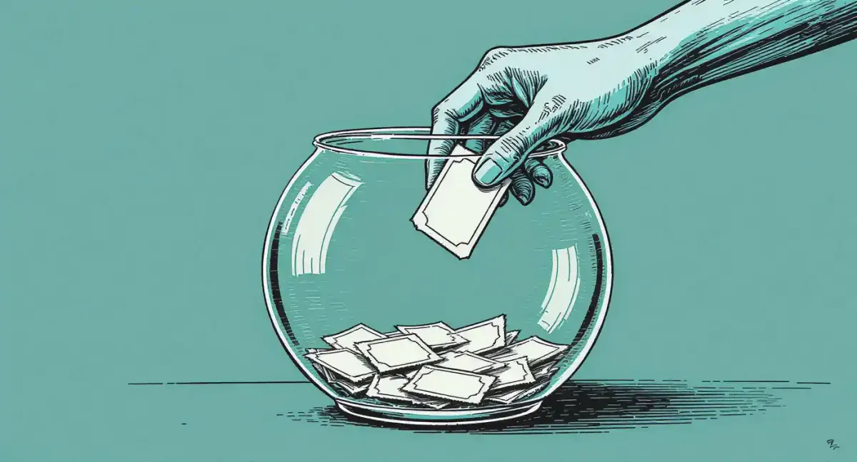 Hand drawing a ticket from fishbowl filled with raffle entries