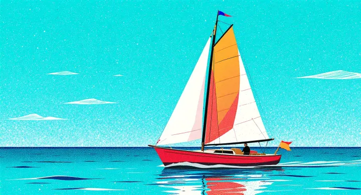 Illustration of a small red sailboat gliding smoothly across calm blue water under a clear sky.