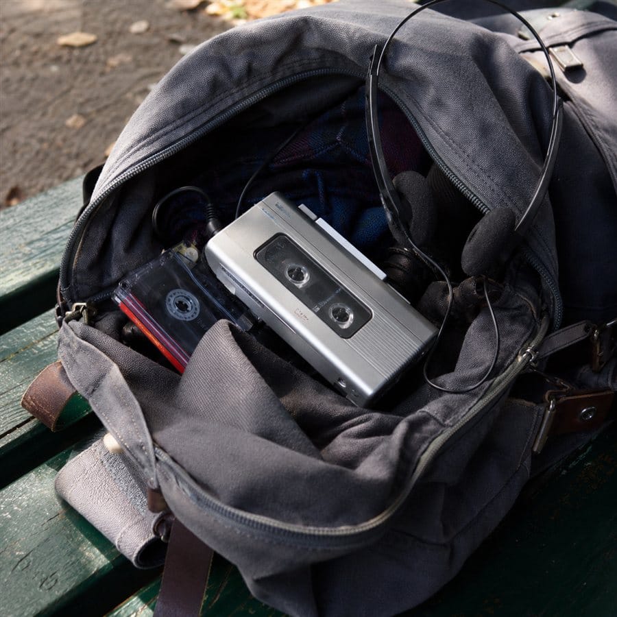 A cassette Walkman with over-ear headphones