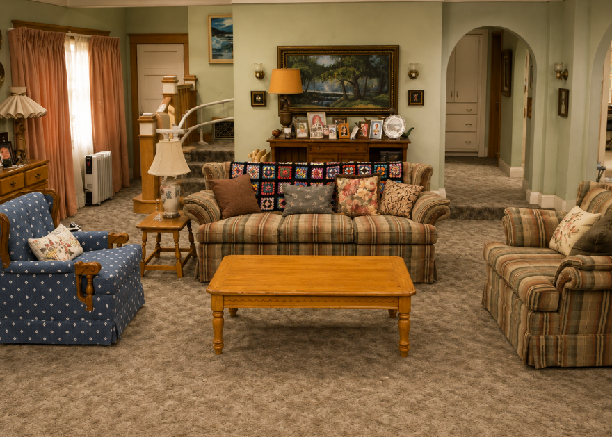 Modest working-class living room with a worn plaid sofa and crocheted blanket