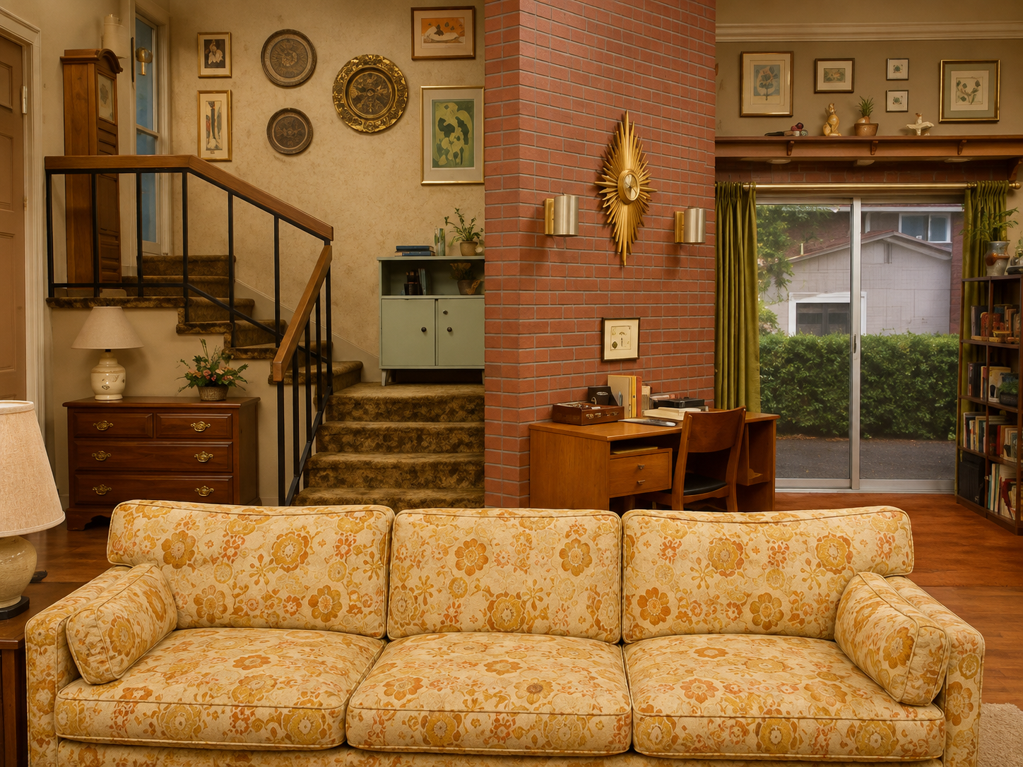 Dated suburban living room with a faded floral sofa facing a television