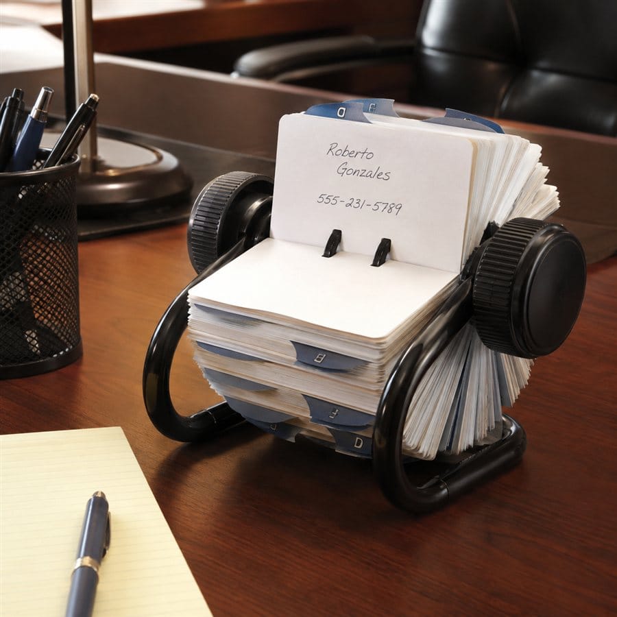 A rotating Rolodex filled with contact cards