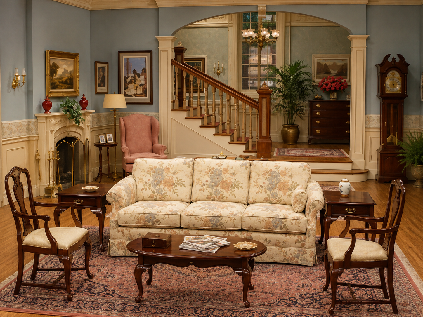 Elegant 1980s Brooklyn brownstone living room with traditional furniture and a staircase