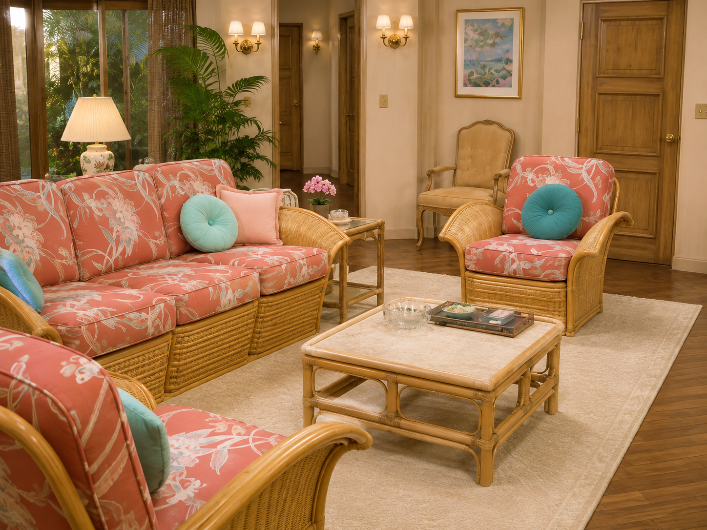Bright Miami living room with tropical prints, plants and rattan furniture