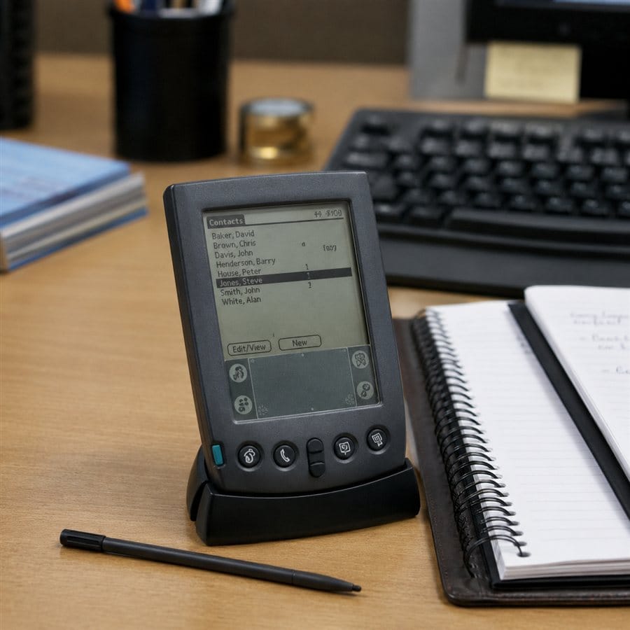 A PalmPilot personal digital assistant with stylus