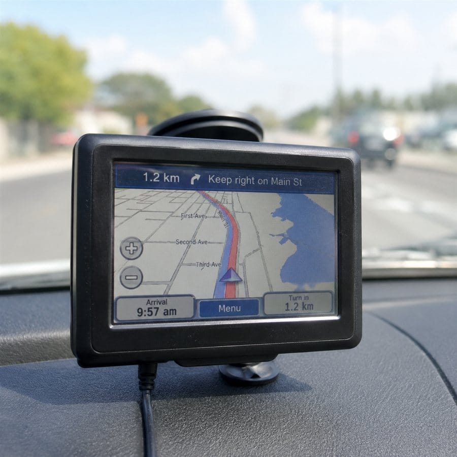 A dashboard-mounted dedicated GPS navigation unit