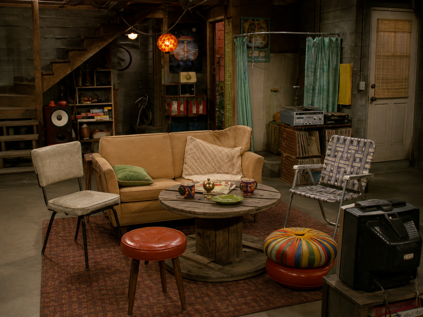 Wood-paneled 1970s basement hangout with mismatched chairs and a washing machine
