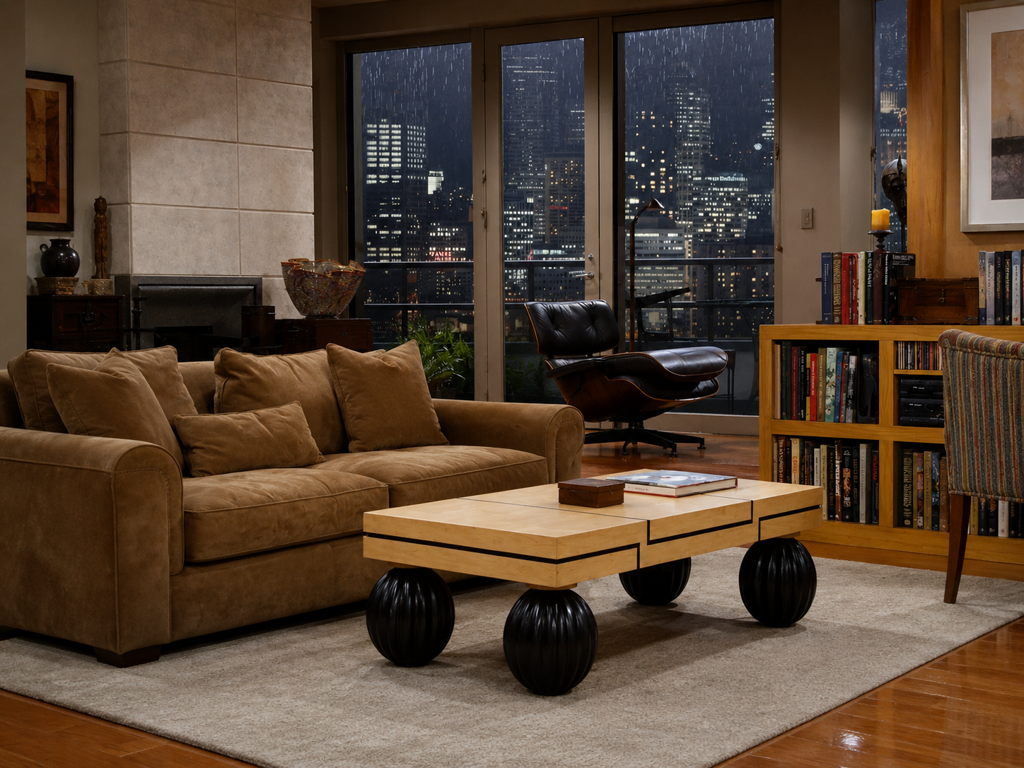 Sophisticated Seattle apartment with skyline windows, fireplace, piano and an old plaid recliner