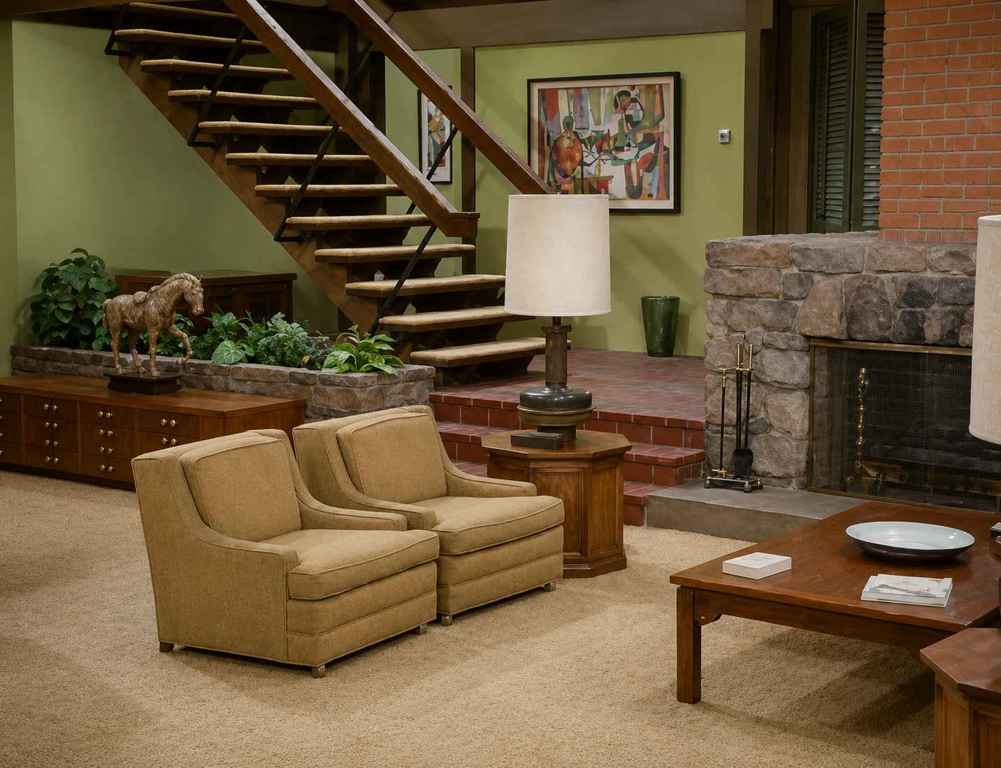 Late-1960s split-level family living room with an open staircase, stonework and wood paneling