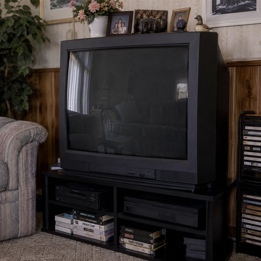 A boxy CRT television set
