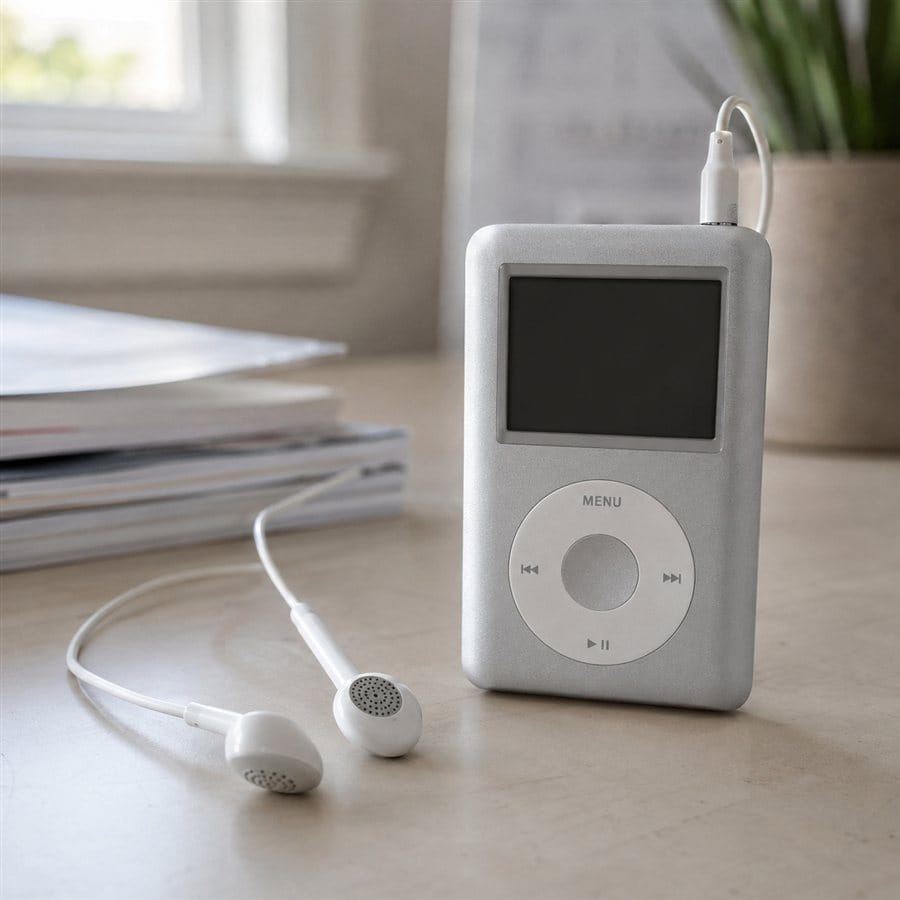 A silver portable MP3 player