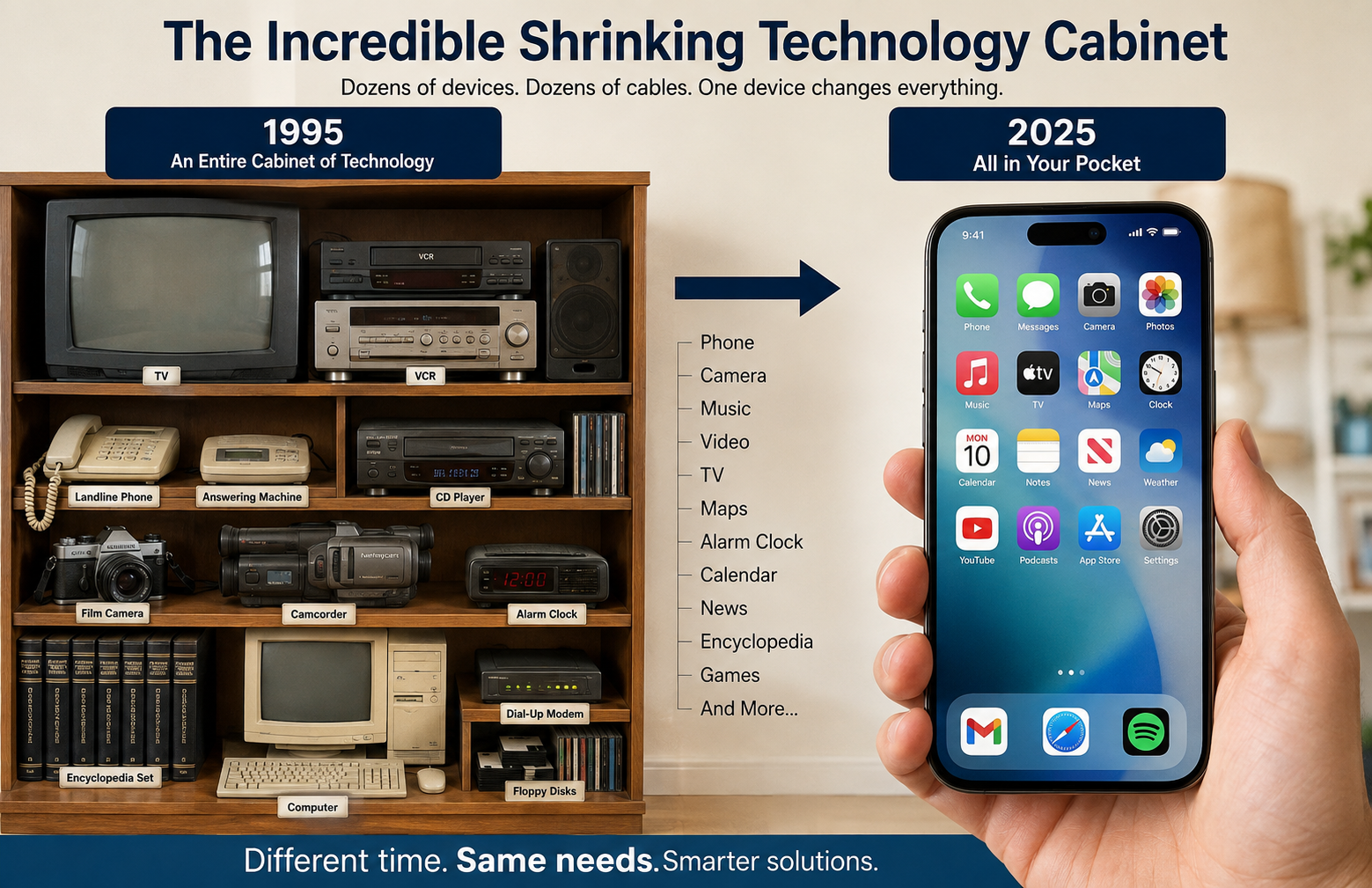 1995 technology at a glance infographic comparing a cabinet of household devices with their modern smartphone replacements