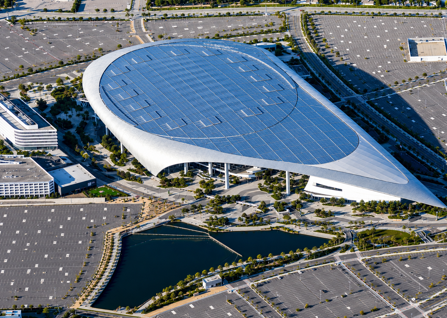 Aerial exterior view of SoFi Stadium in Inglewood, California