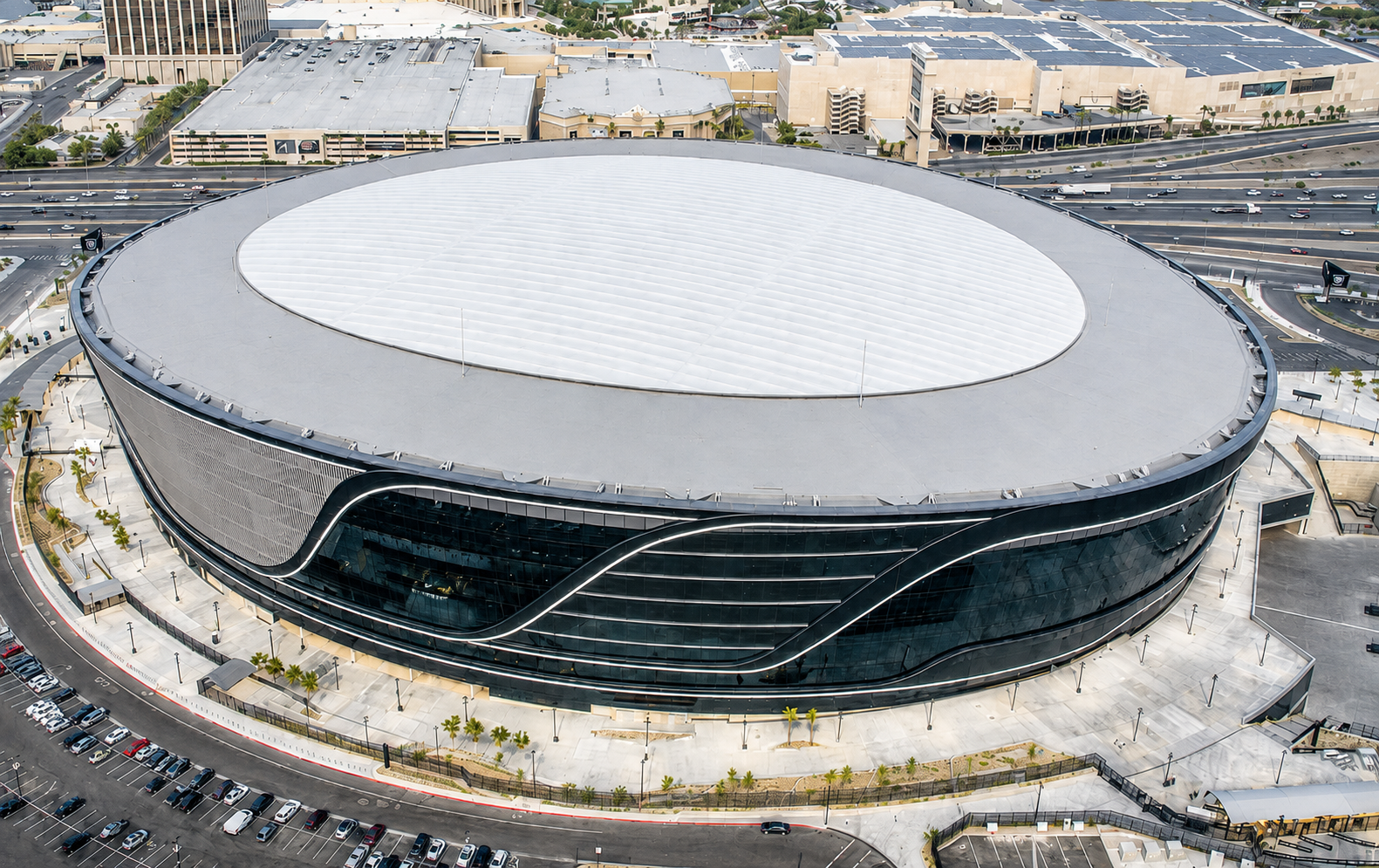 Aerial exterior view of Allegiant Stadium in Las Vegas