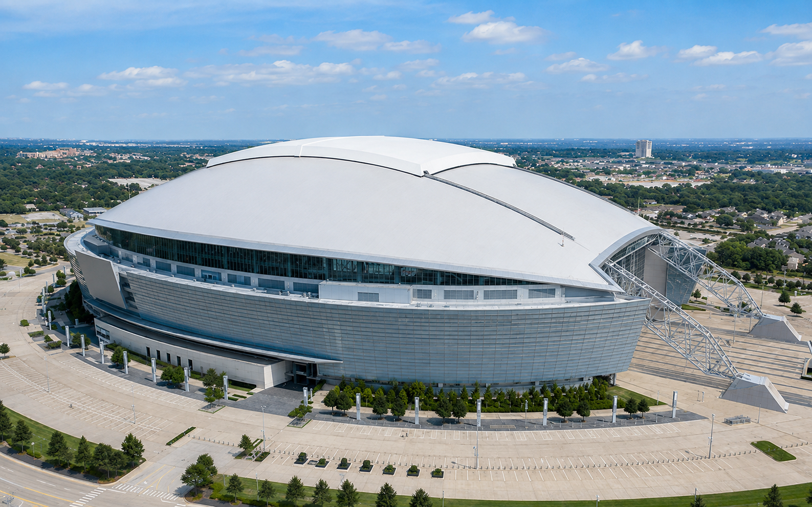 Aerial exterior view of AT&T Stadium in Arlington, Texas