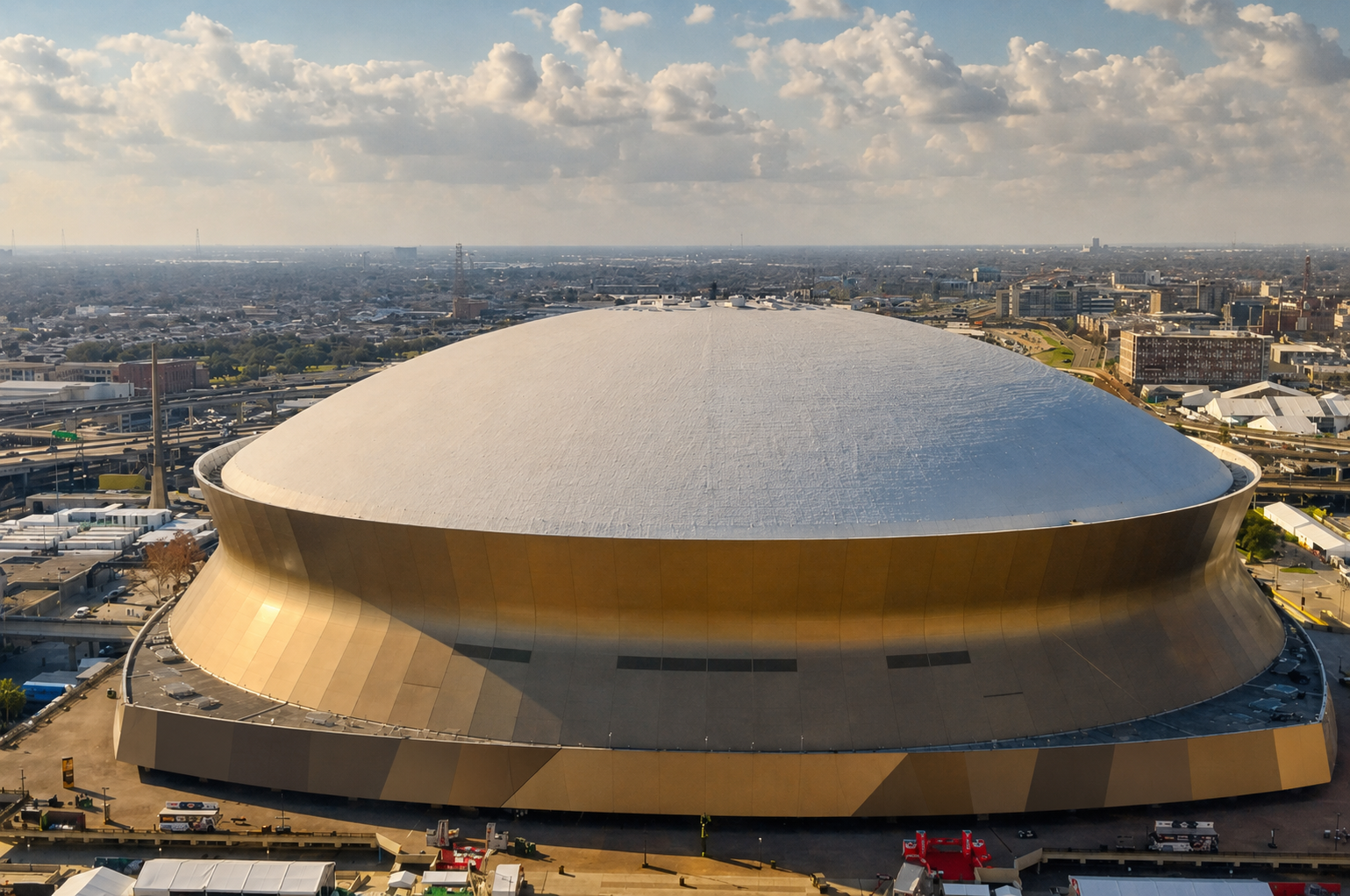 Aerial exterior view of the Caesars Superdome in New Orleans