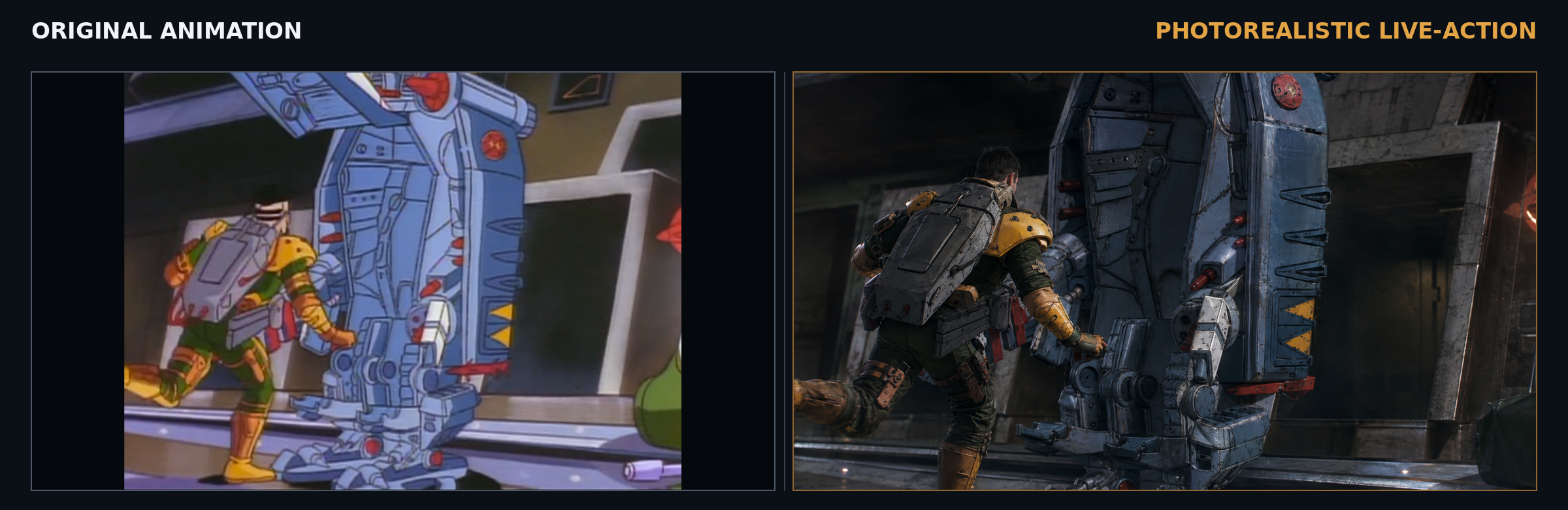 Exosquad pilot climbing into an E-frame beside a photorealistic launch-bay version