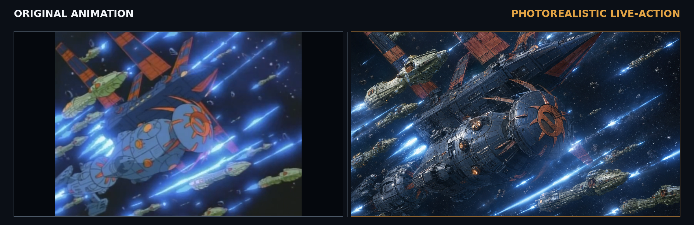 Massive Exosquad fleets exchanging fire in animated and photorealistic space battle scenes