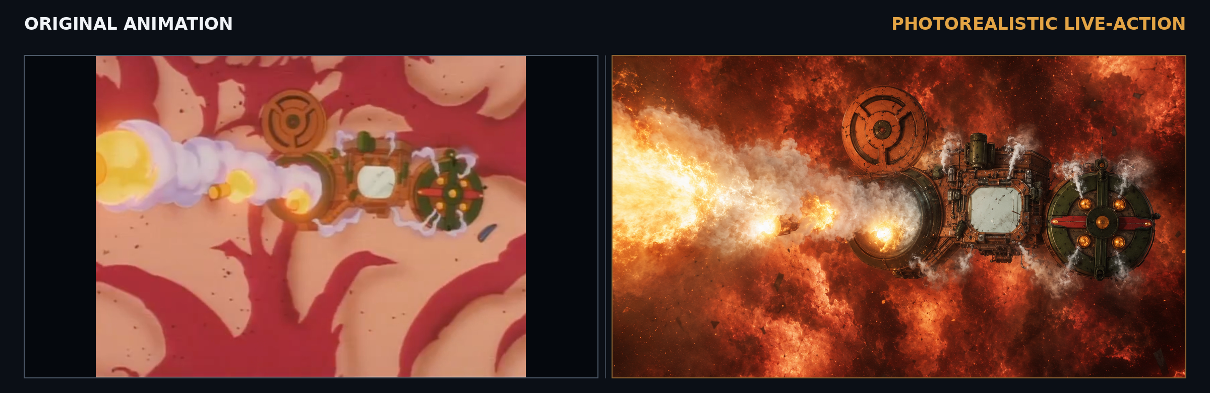 An Exosquad spacecraft firing through a red energy field in animated and photorealistic versions
