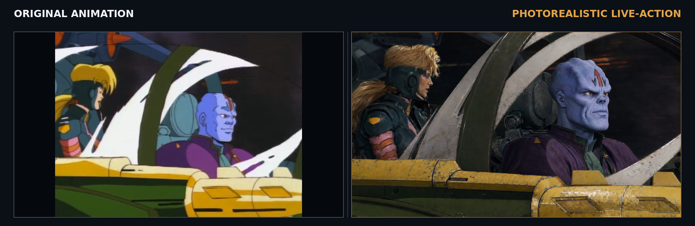 Animated and photorealistic versions of Marsala and a fellow Exosquad pilot inside their E-frames