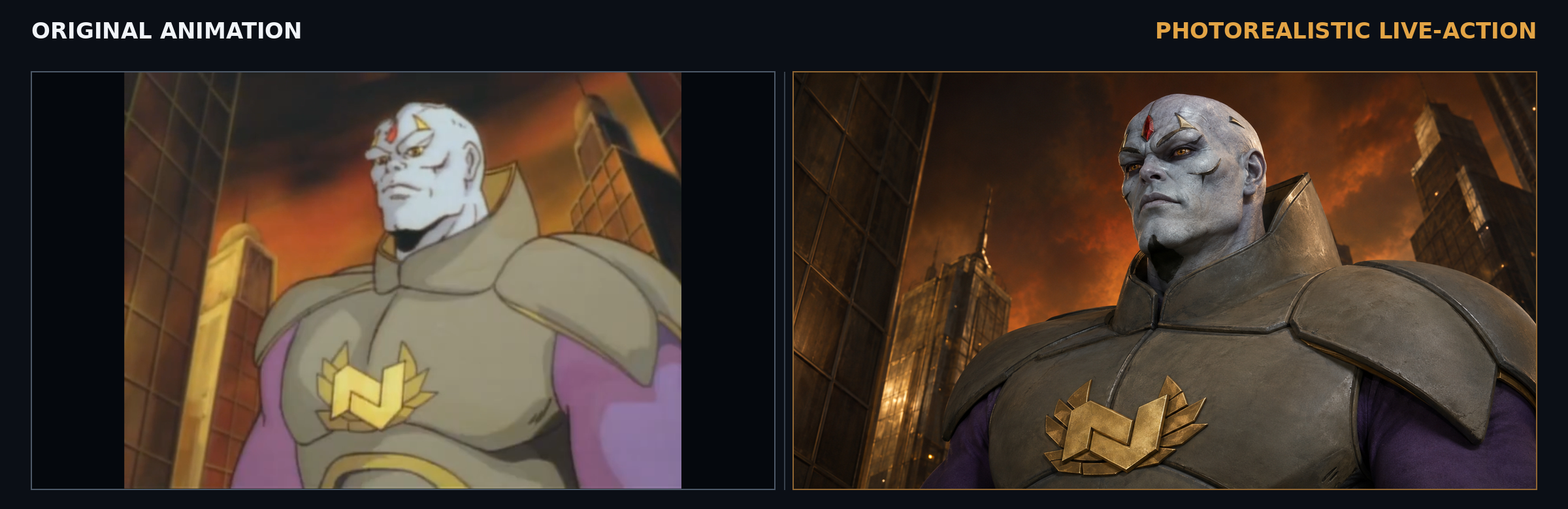 Animated Neosapien leader Phaeton beside a photorealistic interpretation in an occupied city