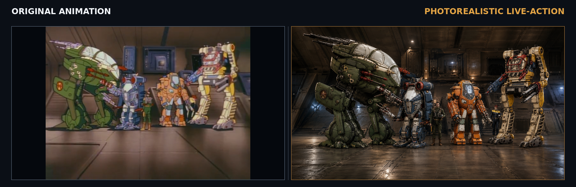 A lineup of animated Exosquad E-frames beside detailed photorealistic machines in a hangar