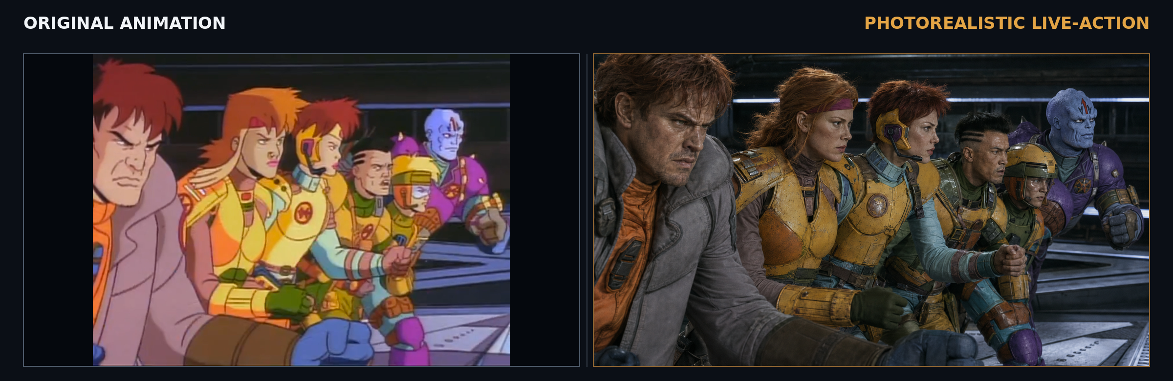 Able Squad assembled for battle in the original cartoon and as a photorealistic live-action cast