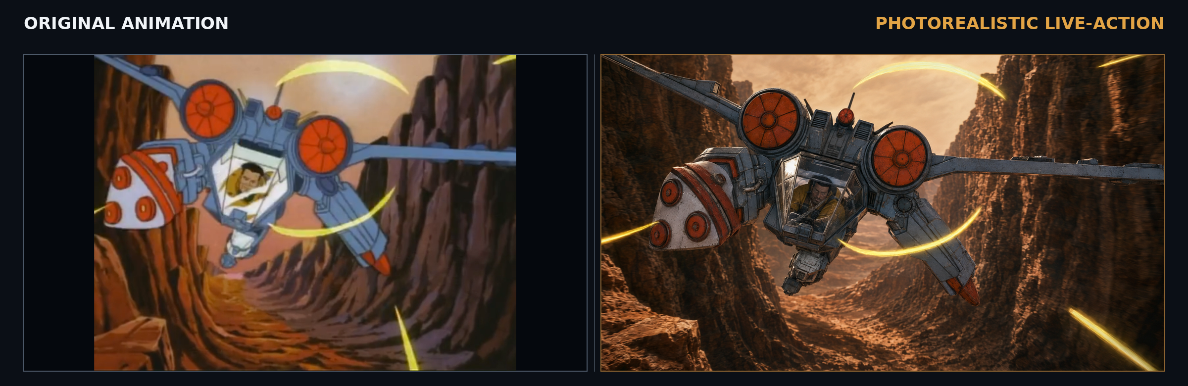 An Exosquad flying E-frame banking through a canyon in animation and photorealistic live action