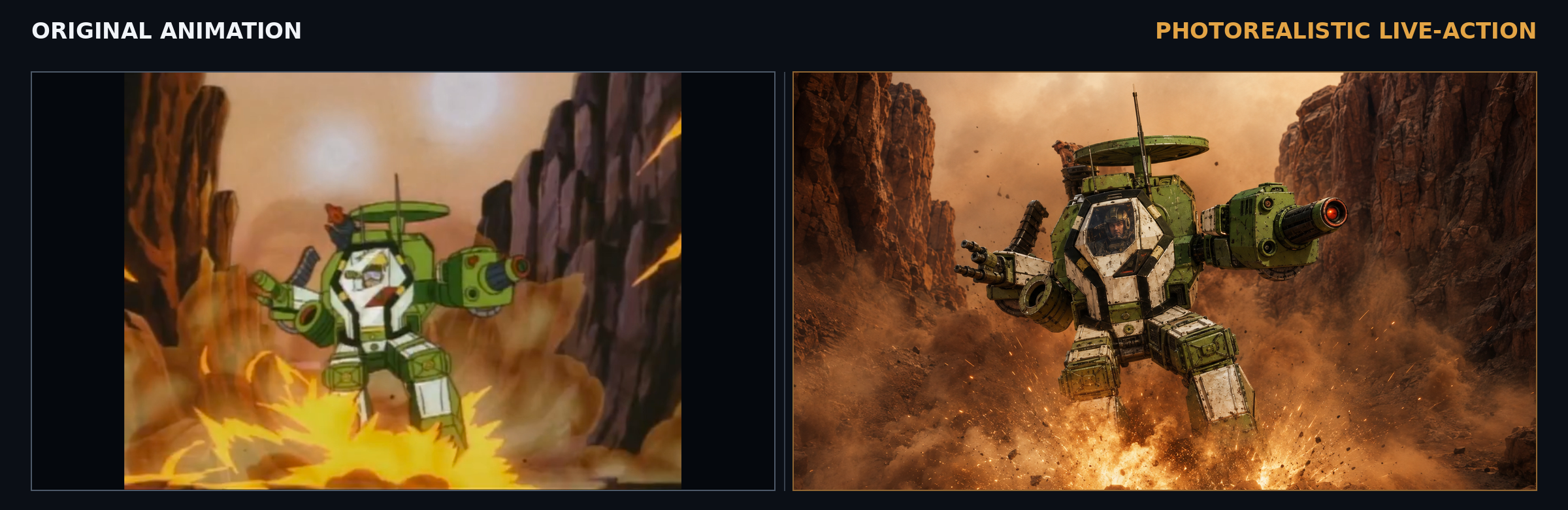 A green Exosquad combat E-frame landing amid explosions in animated and photorealistic scenes
