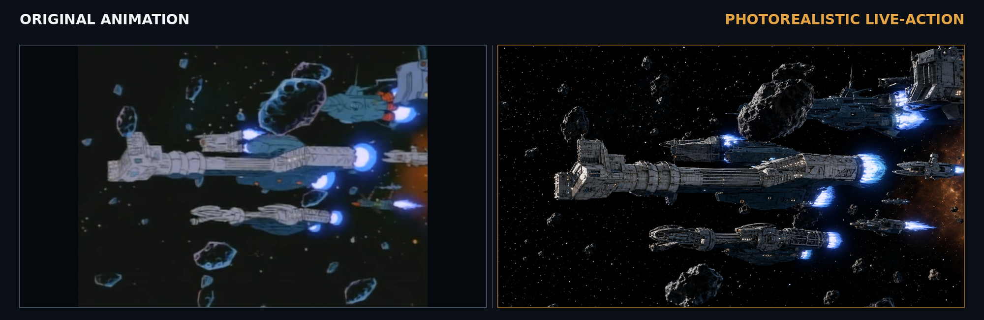 An Exosquad fleet navigating an asteroid field in the cartoon and in photorealistic live action