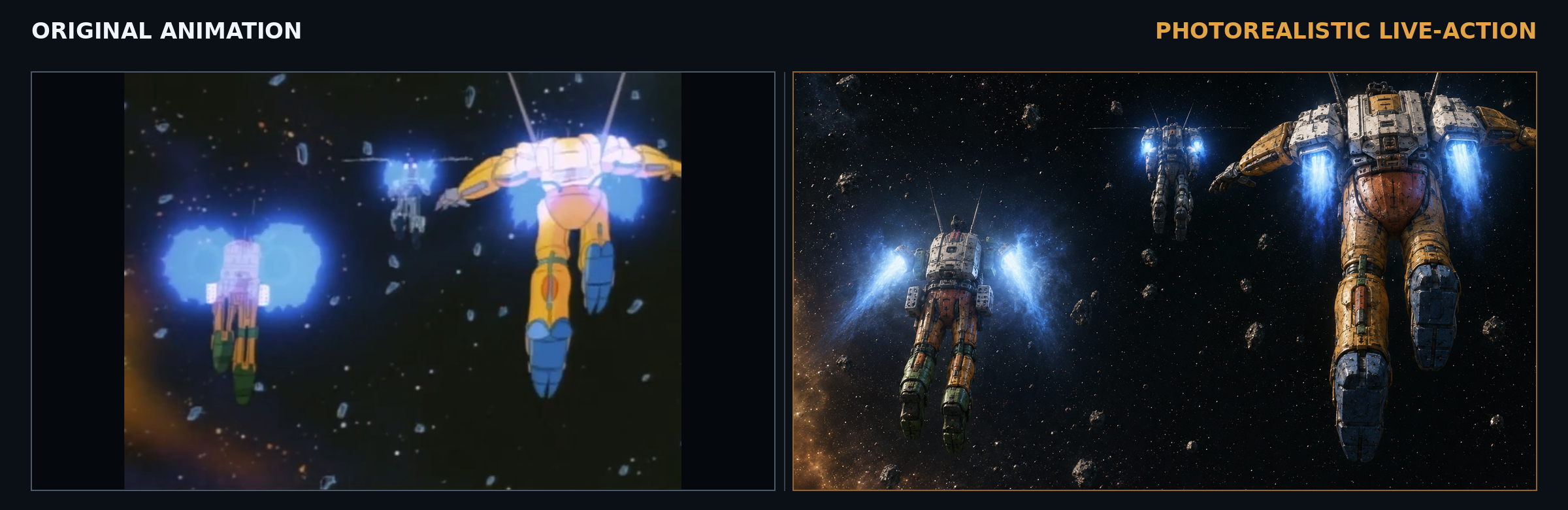 Two Exosquad E-frames flying through an asteroid field in animated and photorealistic form