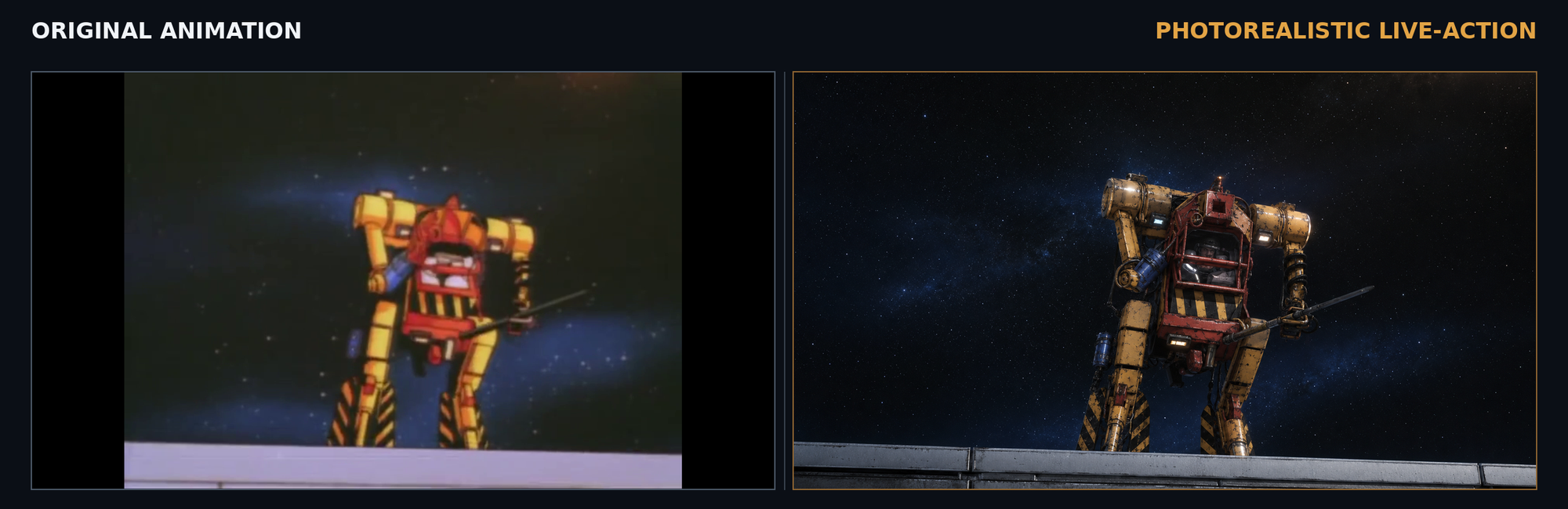 Original Exosquad E-frame beside a photorealistic live-action interpretation on a platform