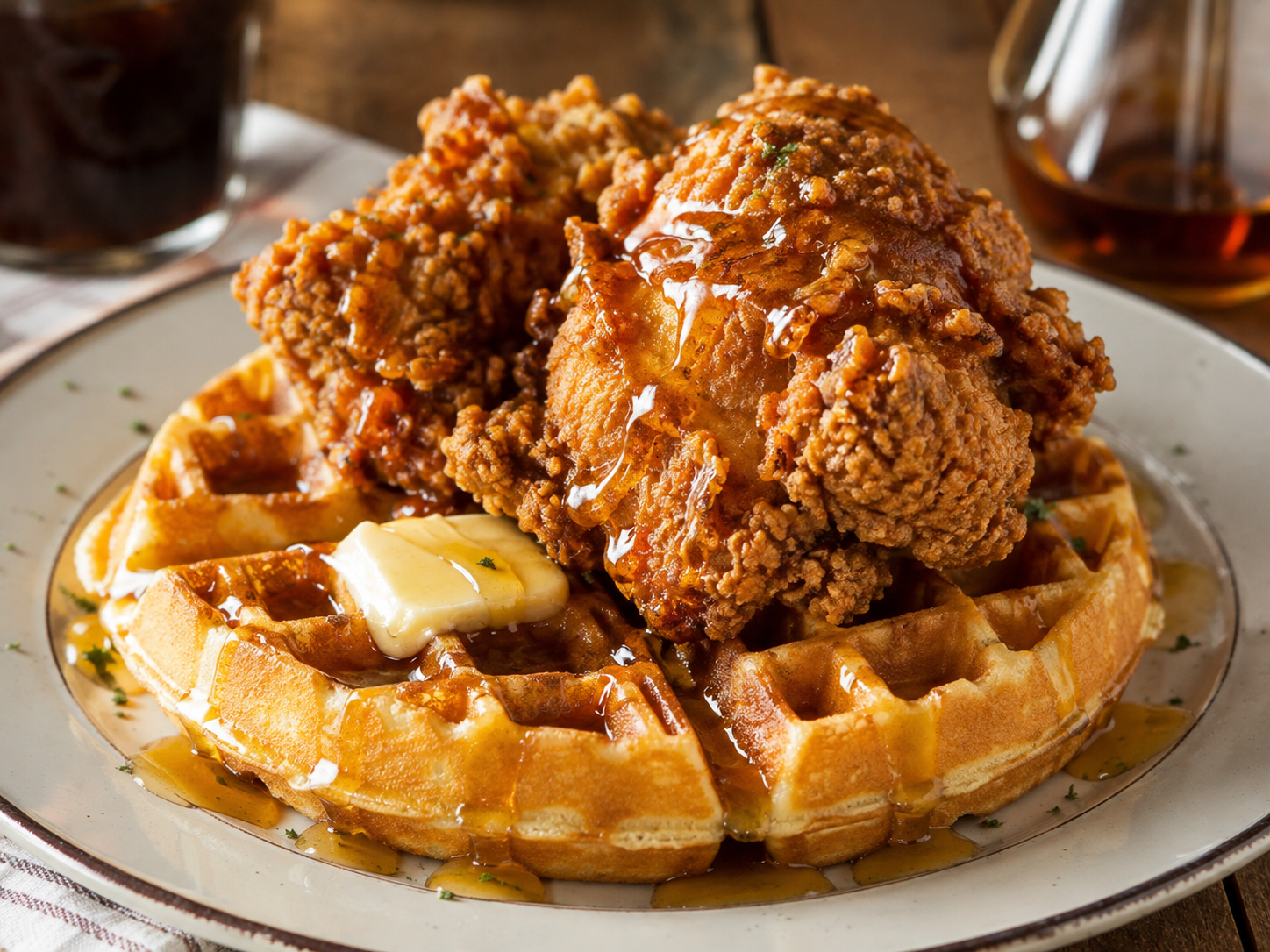 Fried chicken and waffles with syrup
