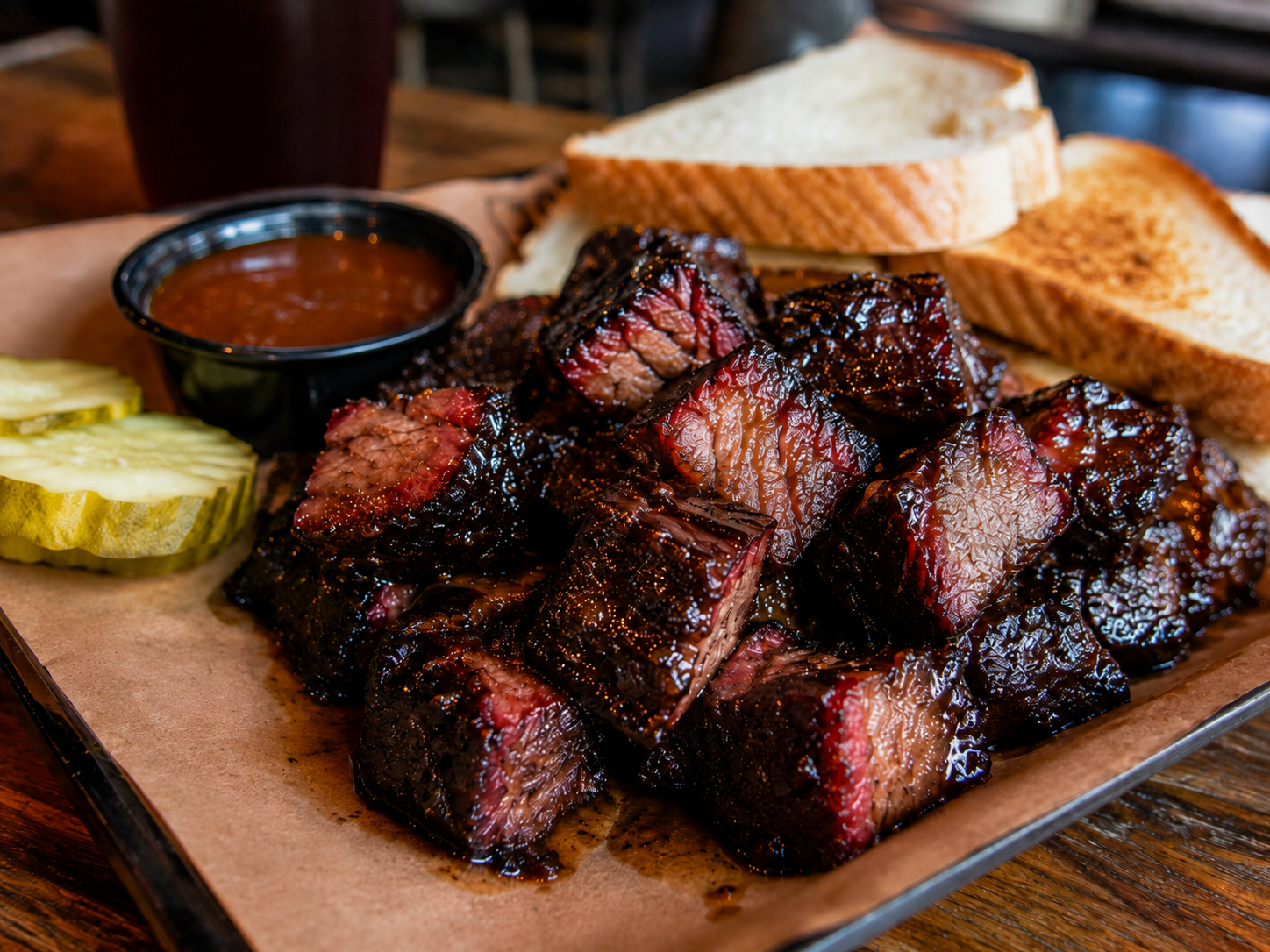 Sliced barbecue brisket and burnt ends