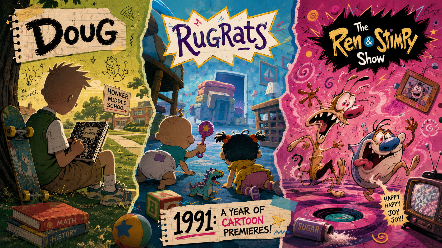 Illustrated tribute to Doug, Rugrats and The Ren & Stimpy Show
