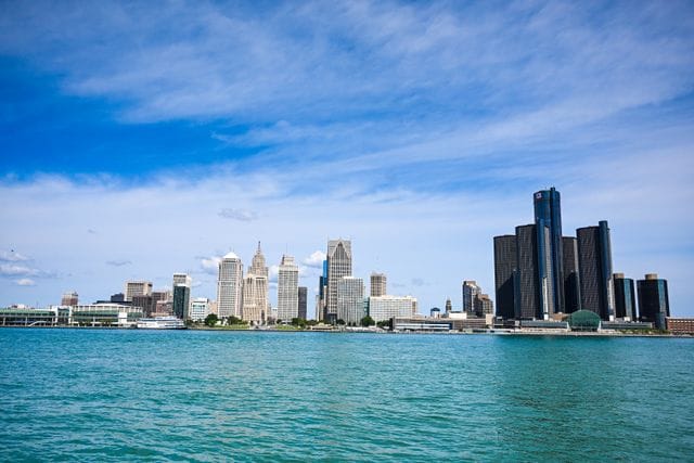 Detroit skyline beside San Diego Bay