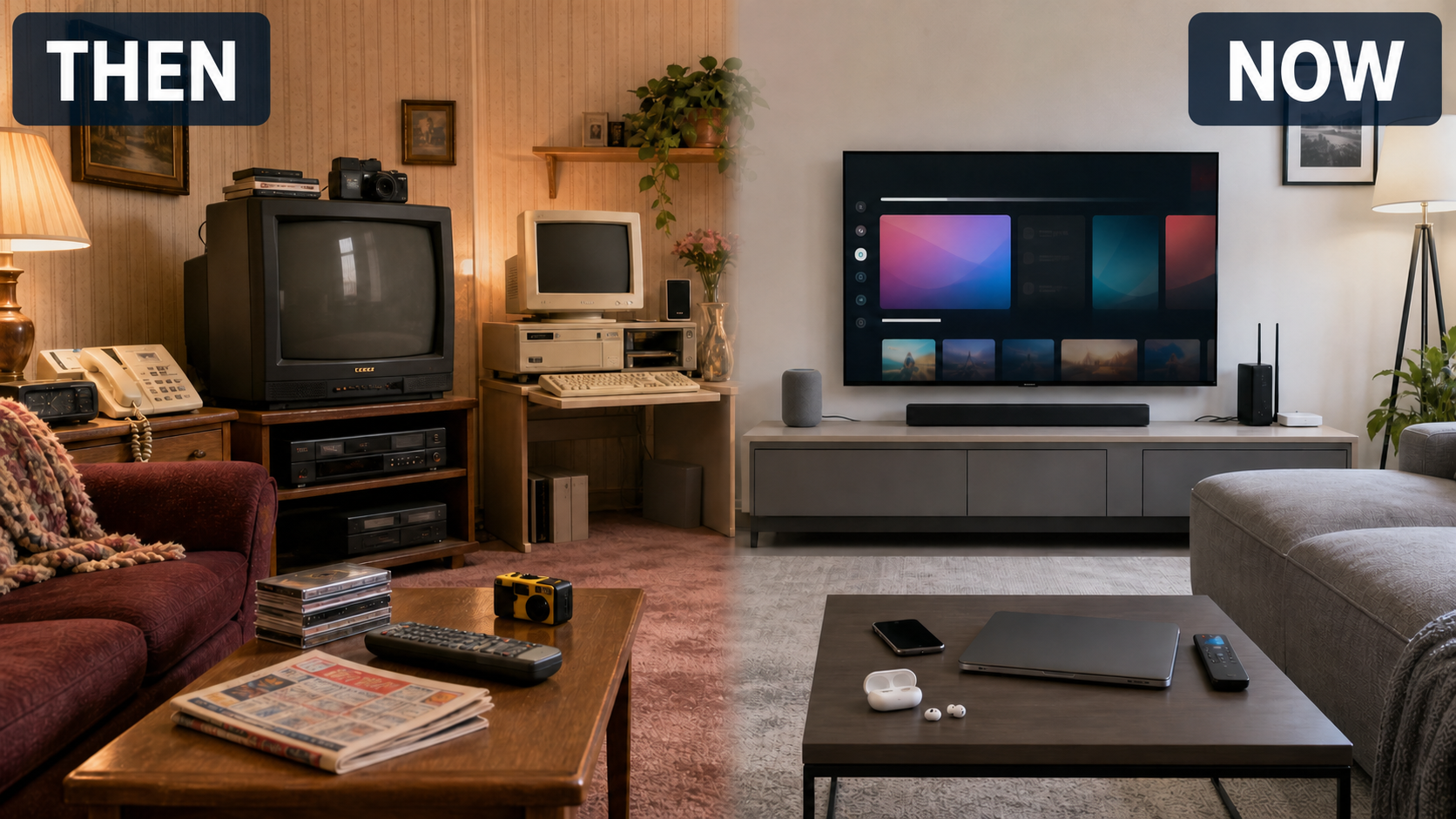 Then and now comparison of a technology-filled 1995 living room and a streamlined modern living room