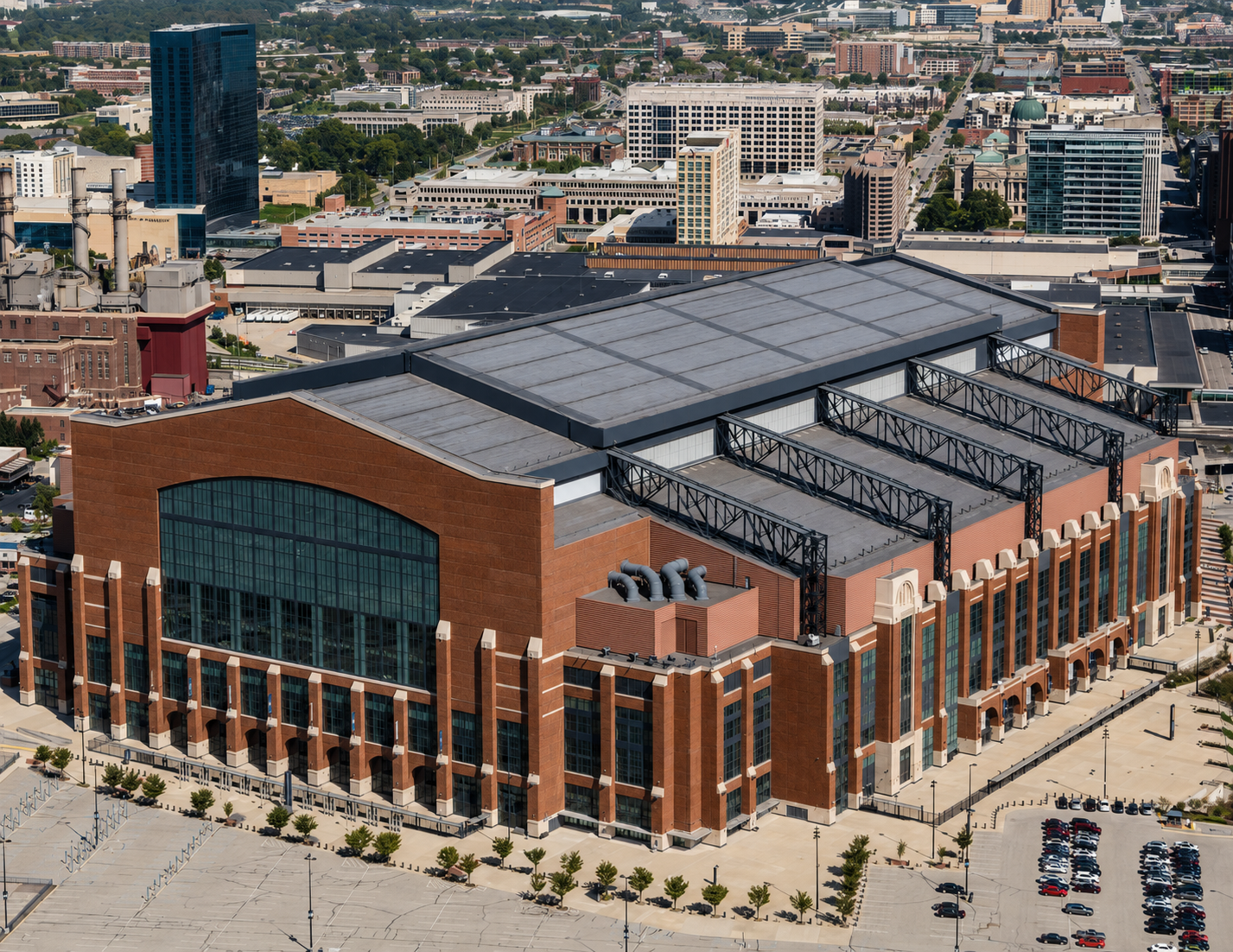 Aerial exterior view of Lucas Oil Stadium in Indianapolis
