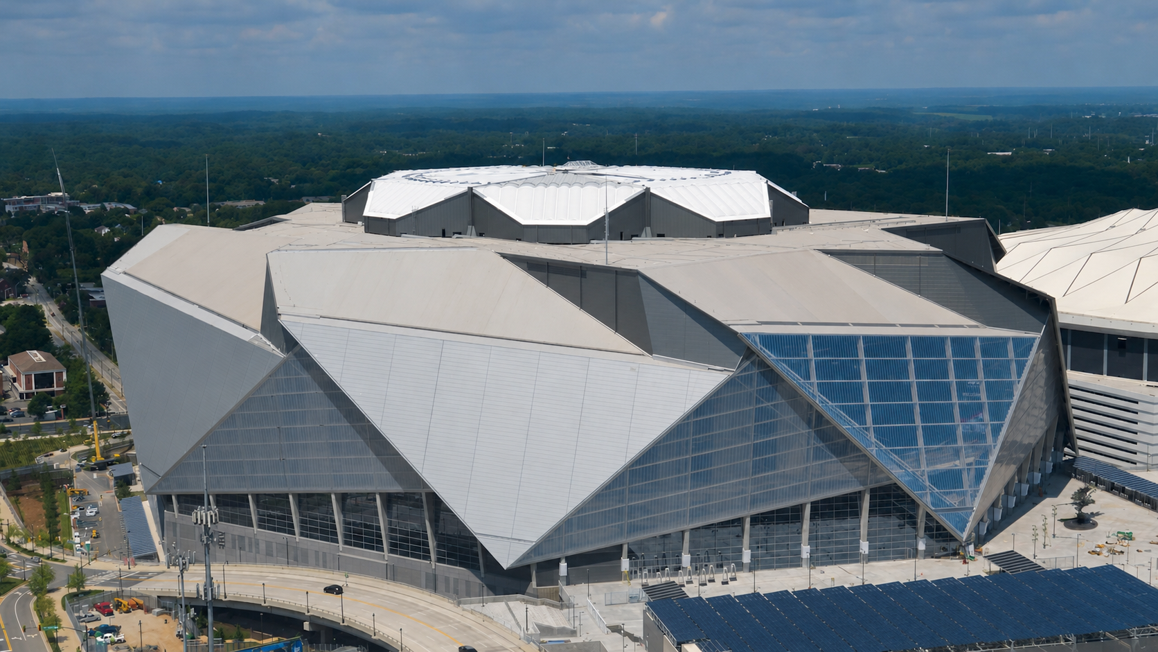 Aerial exterior view of Mercedes-Benz Stadium in Atlanta