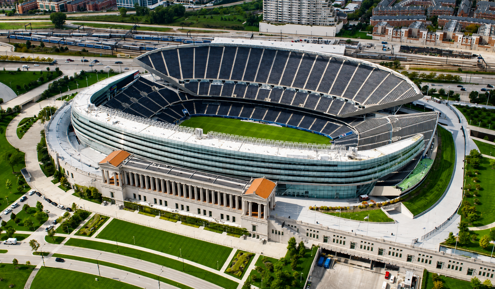 Aerial view of Soldier Field along Chicago's lakefront