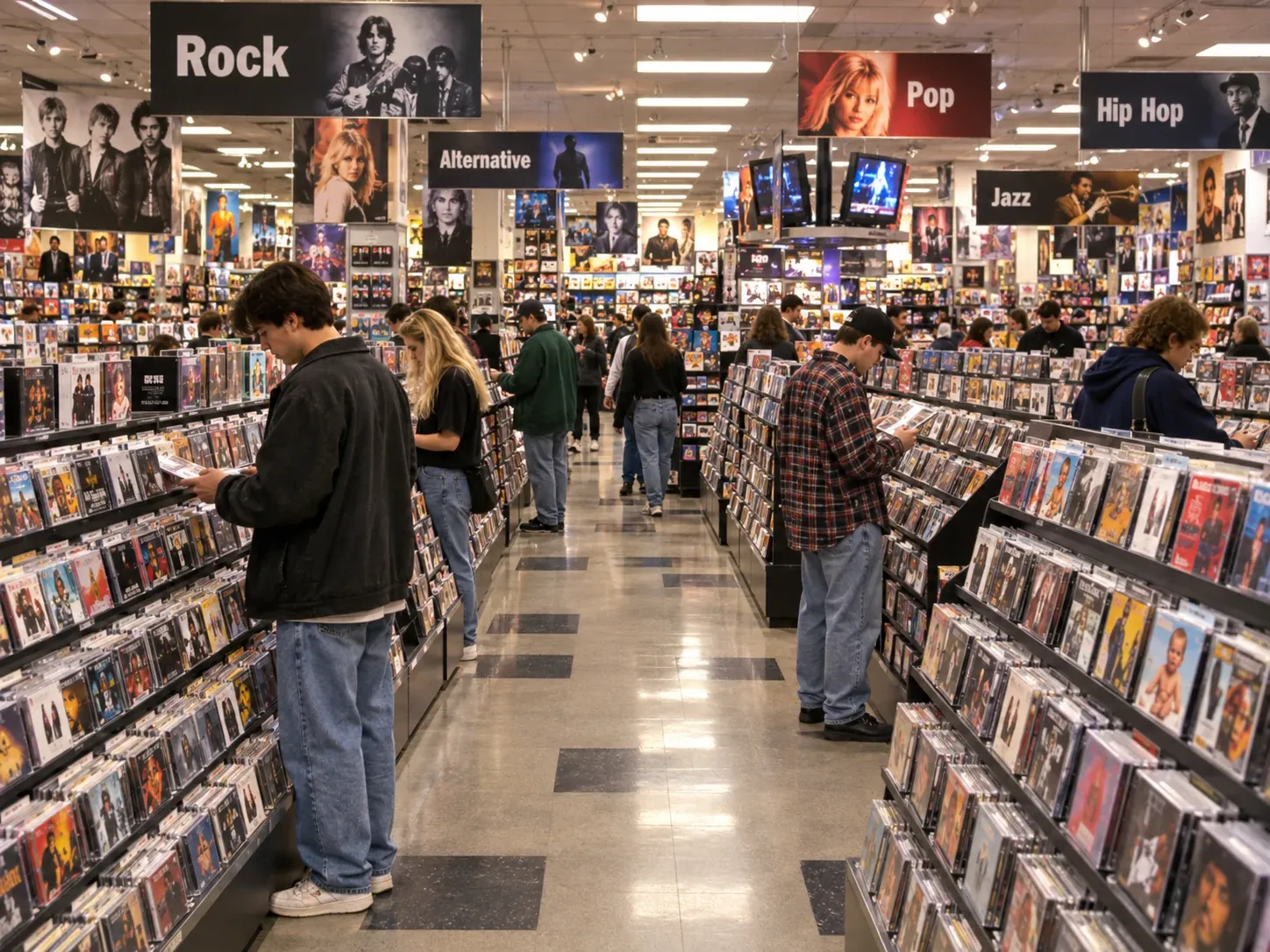 Shoppers browsing rows of CDs in a busy 1990s music store during the peak of the compact disc era
