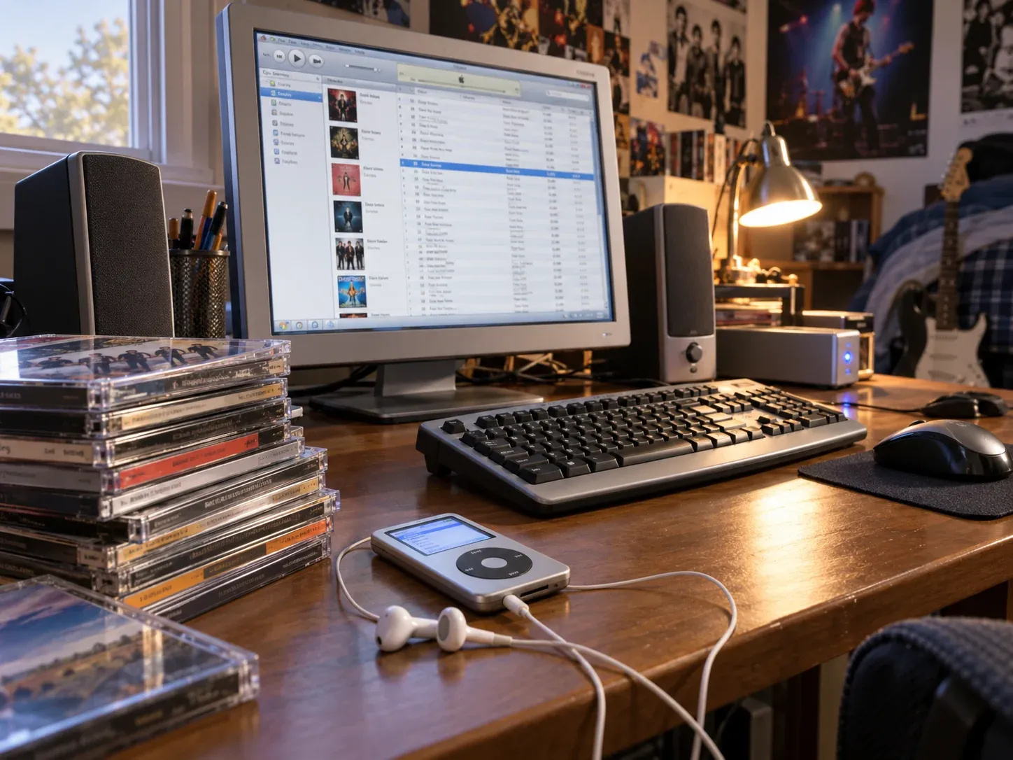 Early-2000s computer music library with CDs, an MP3 player, and earbuds showing the shift from physical media to digital downloads