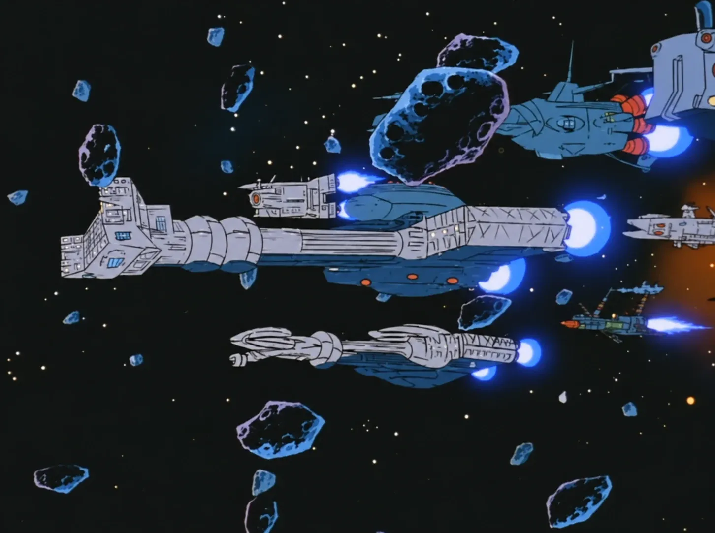 Exofleet warships flying through an asteroid field in Exosquad