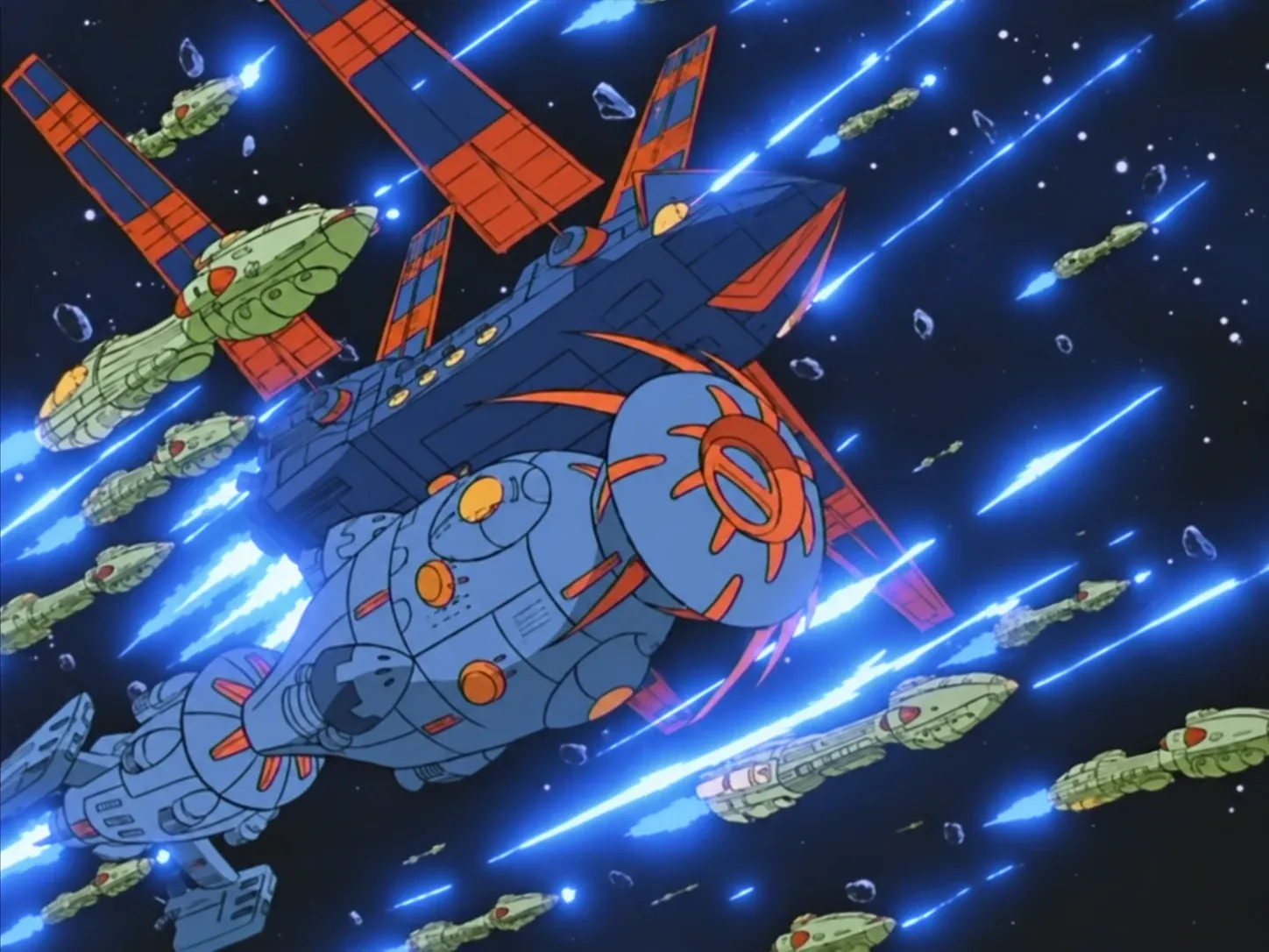 Exosquad spacecraft fighting during a large fleet battle in space